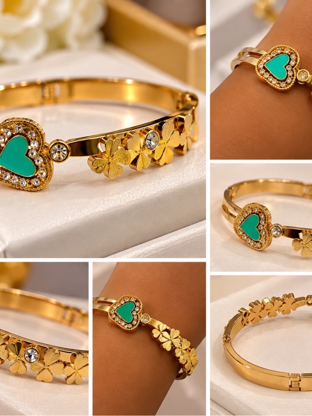 Gold Heart & Clover Bracelet in Turquoise and Gold